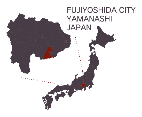 日本地図における山梨県富士吉田市の位置を示している