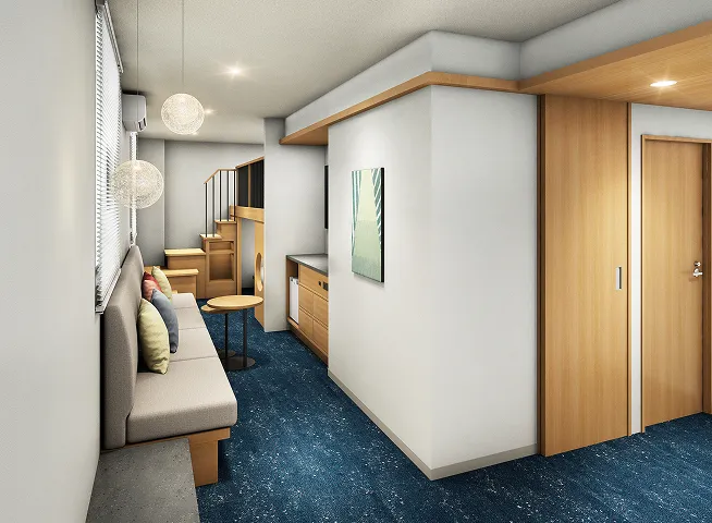 バンクフォース客室の小上がり風二段ベッドを含めた内観